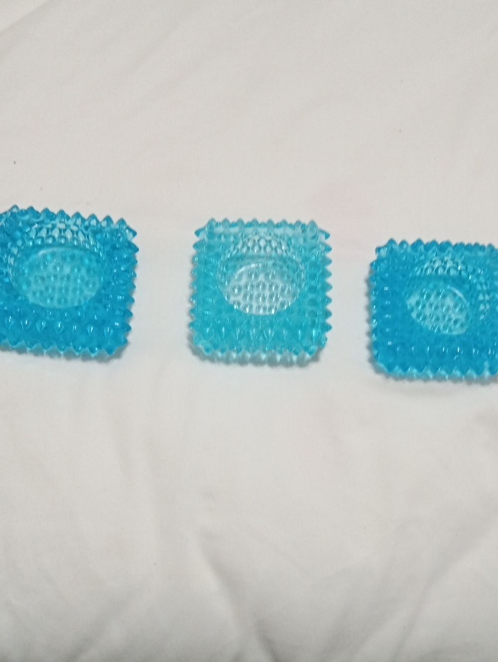 Vintage Aqua Blue Glass Hobnail Square Salt Holders,, Candle Holders - Set of 3